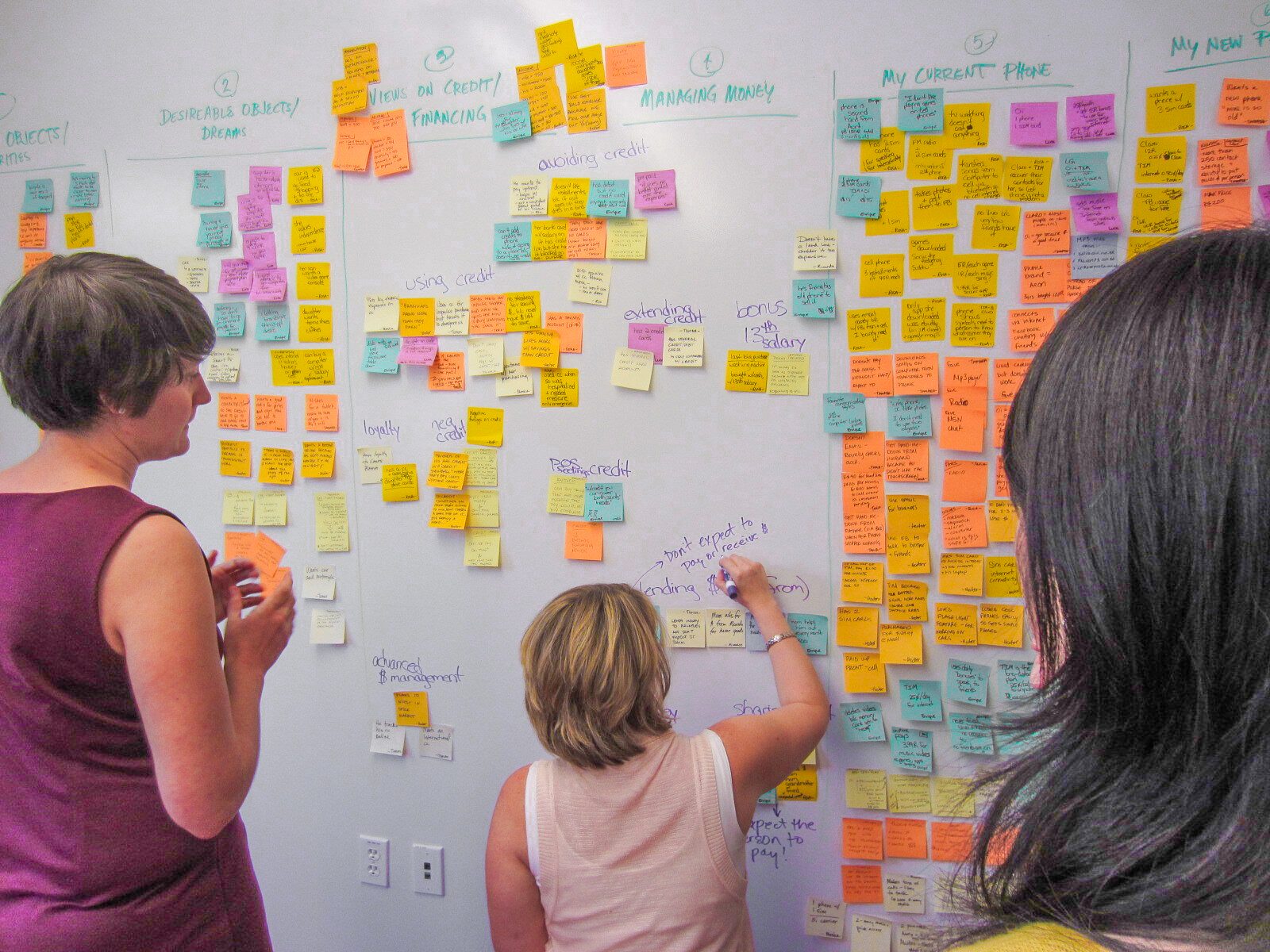A team analyzing research data and journey maps together
