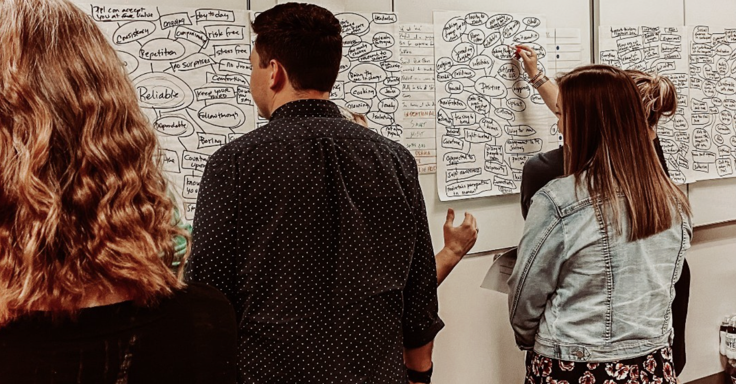 A facilitator presenting brand research findings to the team
