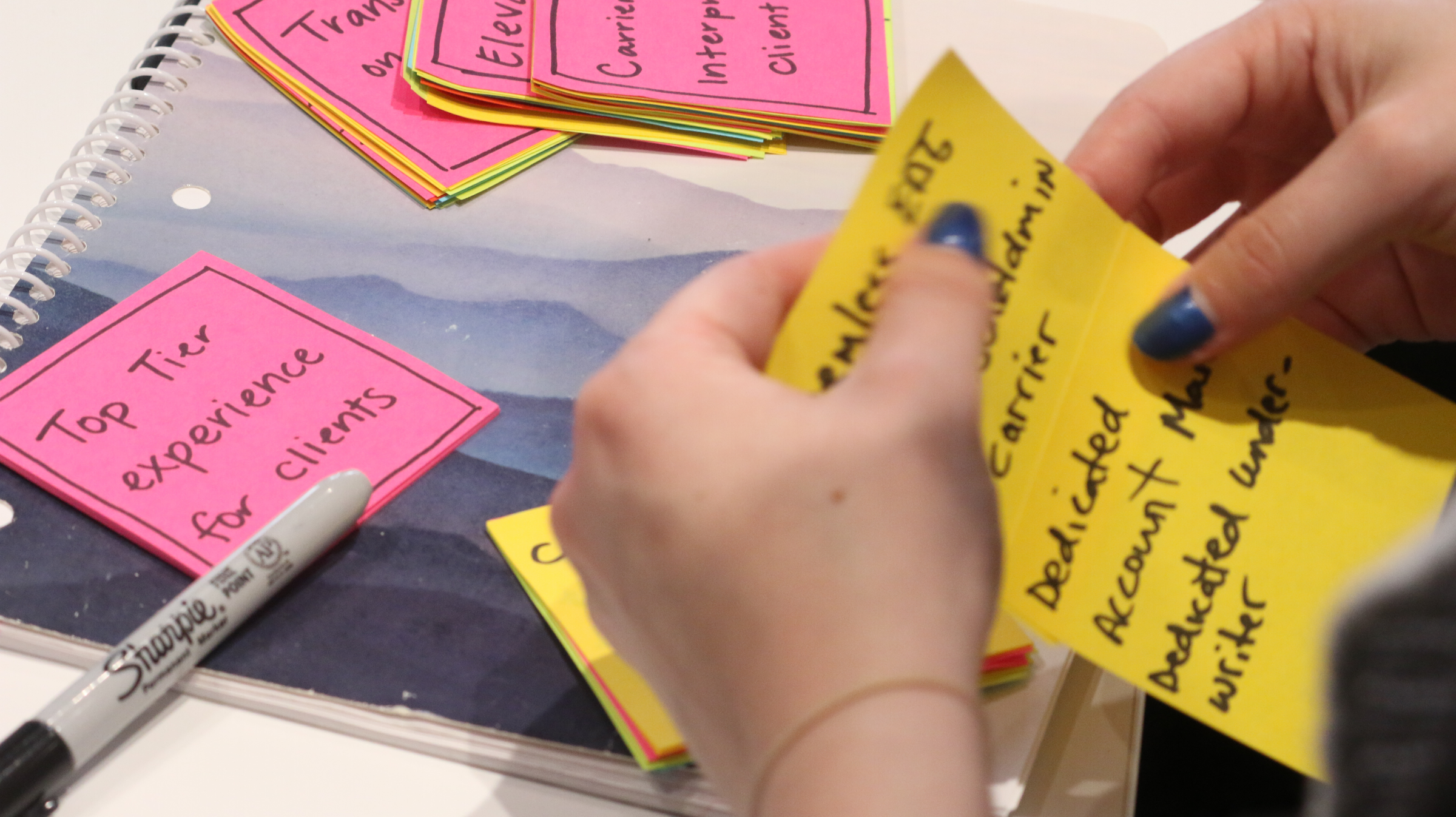 A team grouping and labeling insights on a sticky-note wall